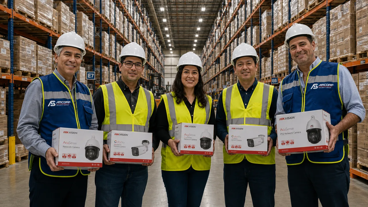 Equipo de Amcorp Security Group en almacén con cámaras HIKVISION AcuSense, ColorVu y PTZ