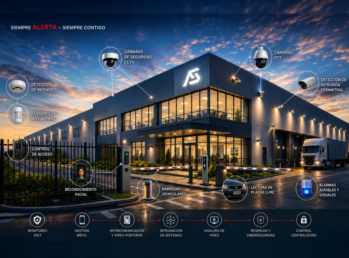 Instalación industrial protegida por Amcorp Security Group: CCTV, cámaras PTZ, control de acceso, reconocimiento facial, barreras vehiculares, LPR y detección de incendios