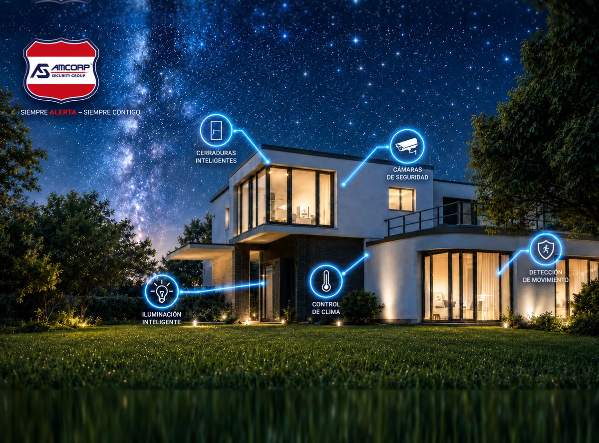 Casa inteligente protegida por Amcorp Security Group: cerraduras inteligentes, cámaras de seguridad, detección de movimiento, control de clima e iluminación inteligente