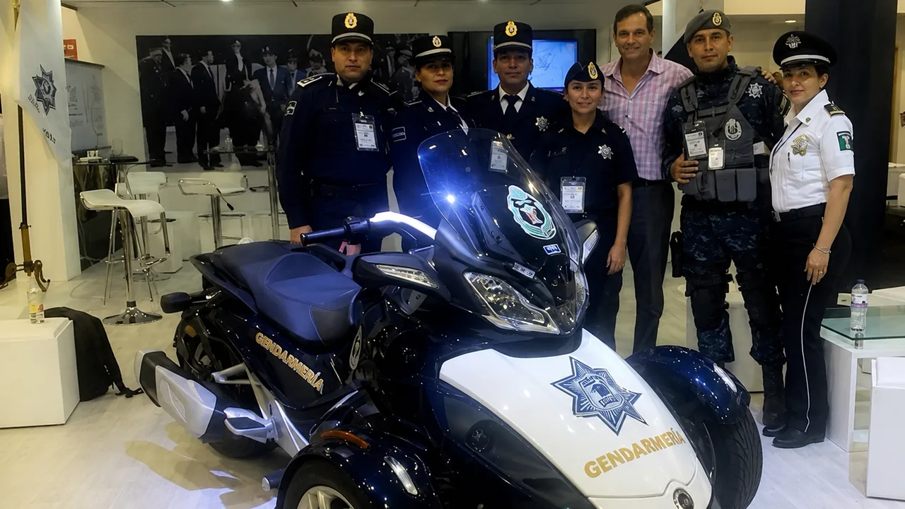 Amcorp Security Group en expo de seguridad junto a unidades de la Gendarmería y motocicleta policial