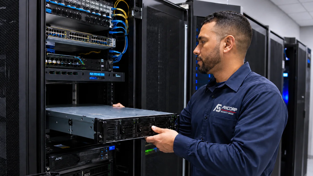 T&eacute;cnico de Amcorp Security Group instalando un servidor en el centro de datos