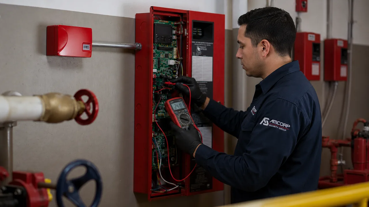 Técnico de Amcorp Security Group realizando prueba y mantenimiento de un panel de control contra incendios con multímetro